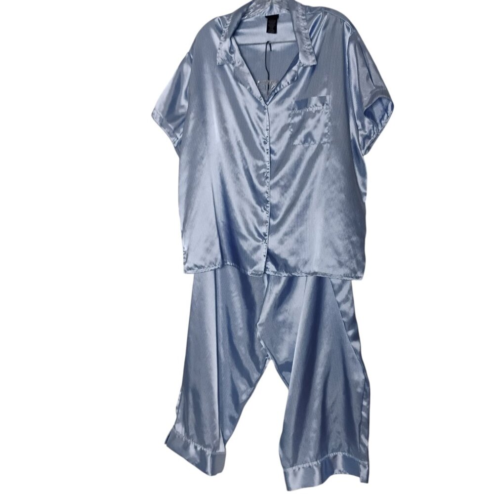 Secret Treasures Pajamas Blue Stripe Satin Button Up Collar Crop Wide Pants 2X - Picture 2 of 12